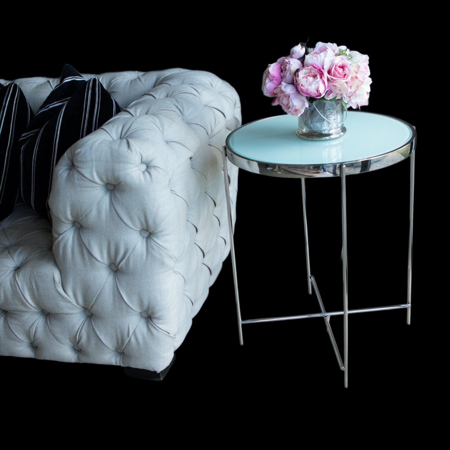 Dilva Polished Stainless Steel Side Table with White Glass Top.