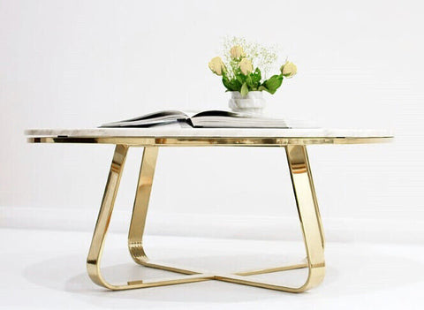 Roza Mirror Polished Stainless Steel Coffee Table with White Marble Top