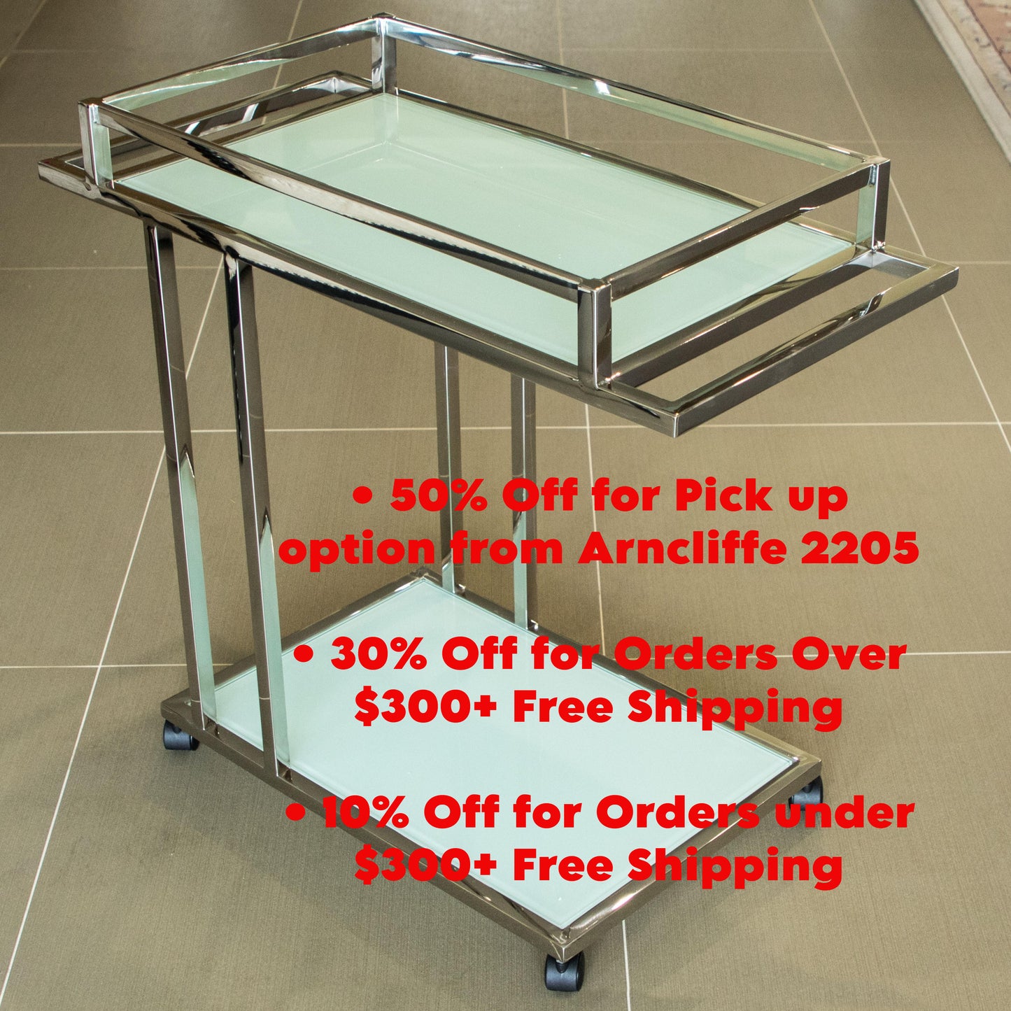 Aro Stainless Steel Drinking Trolley with White Tempered Glass (Pick up only)