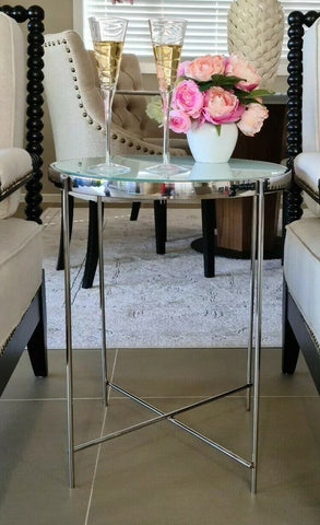 Dilva Polished Stainless Steel Side Table with White or Black Glass Top.