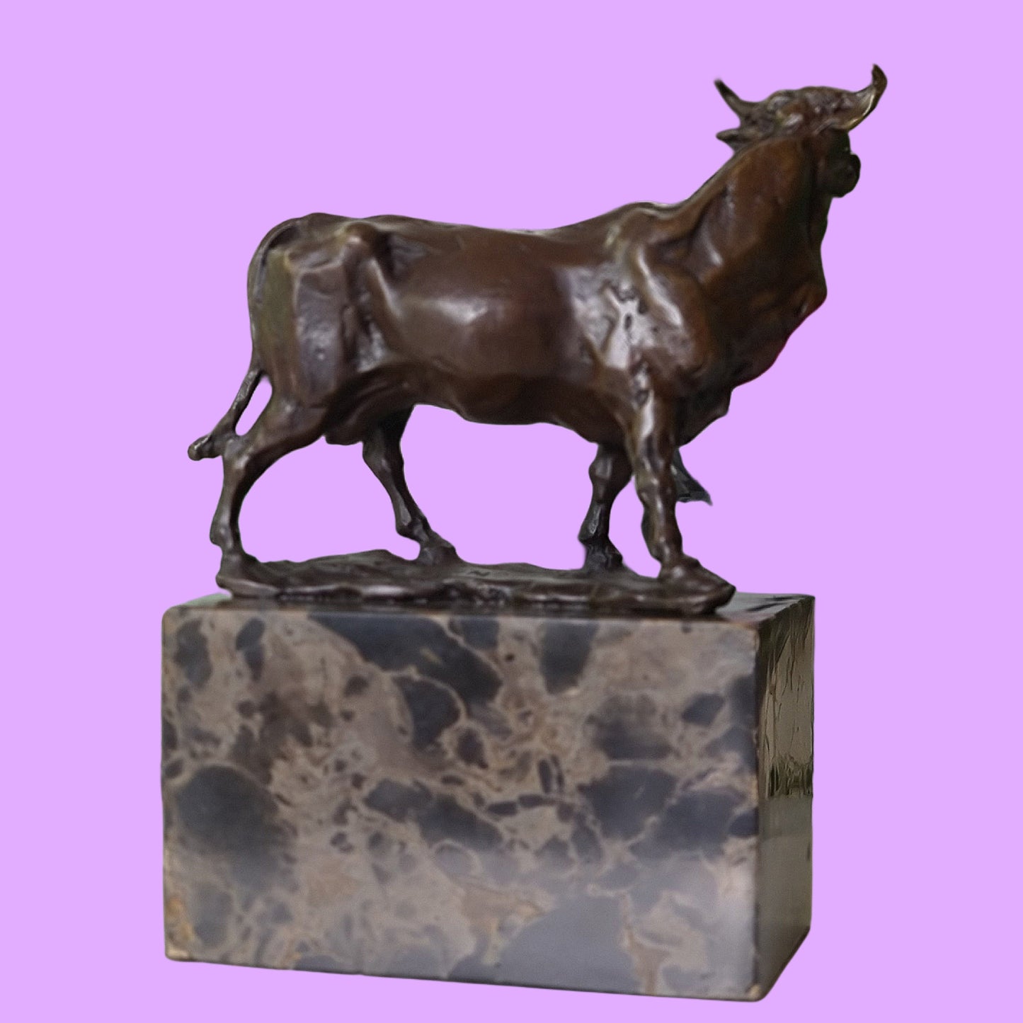 Cow Bronze Sculpture Handcrafted Deco Art On Marble