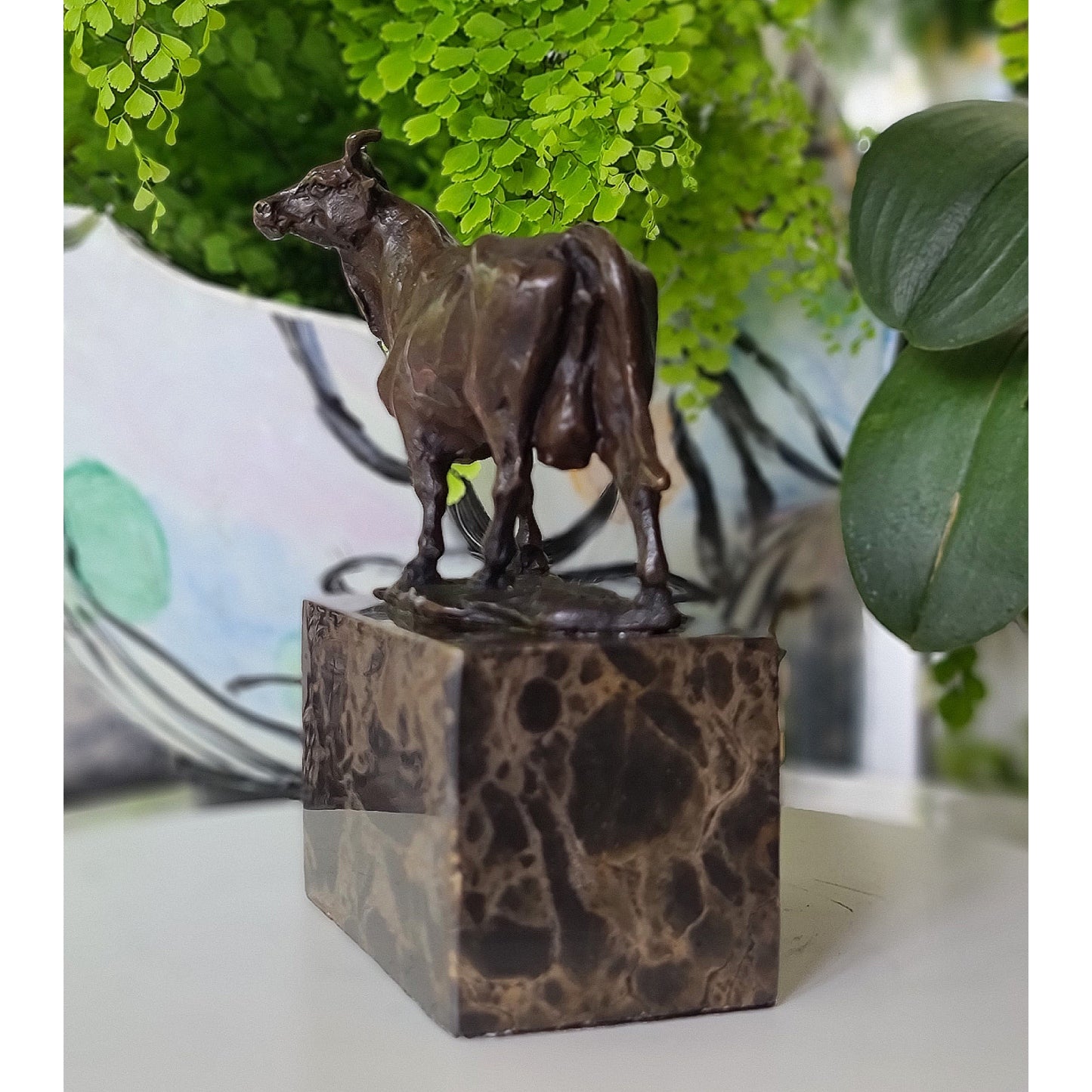 Cow Bronze Sculpture Handcrafted Deco Art On Marble