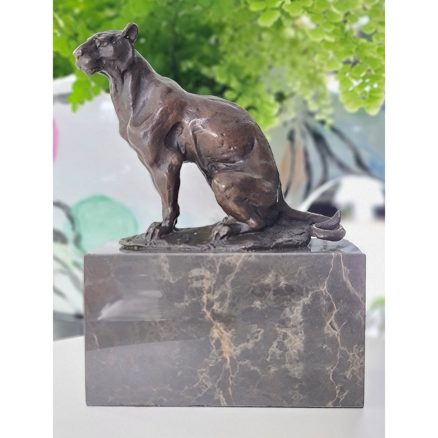 African Lion,Leopard, Cougar Bronze Sculpture On Marble Base