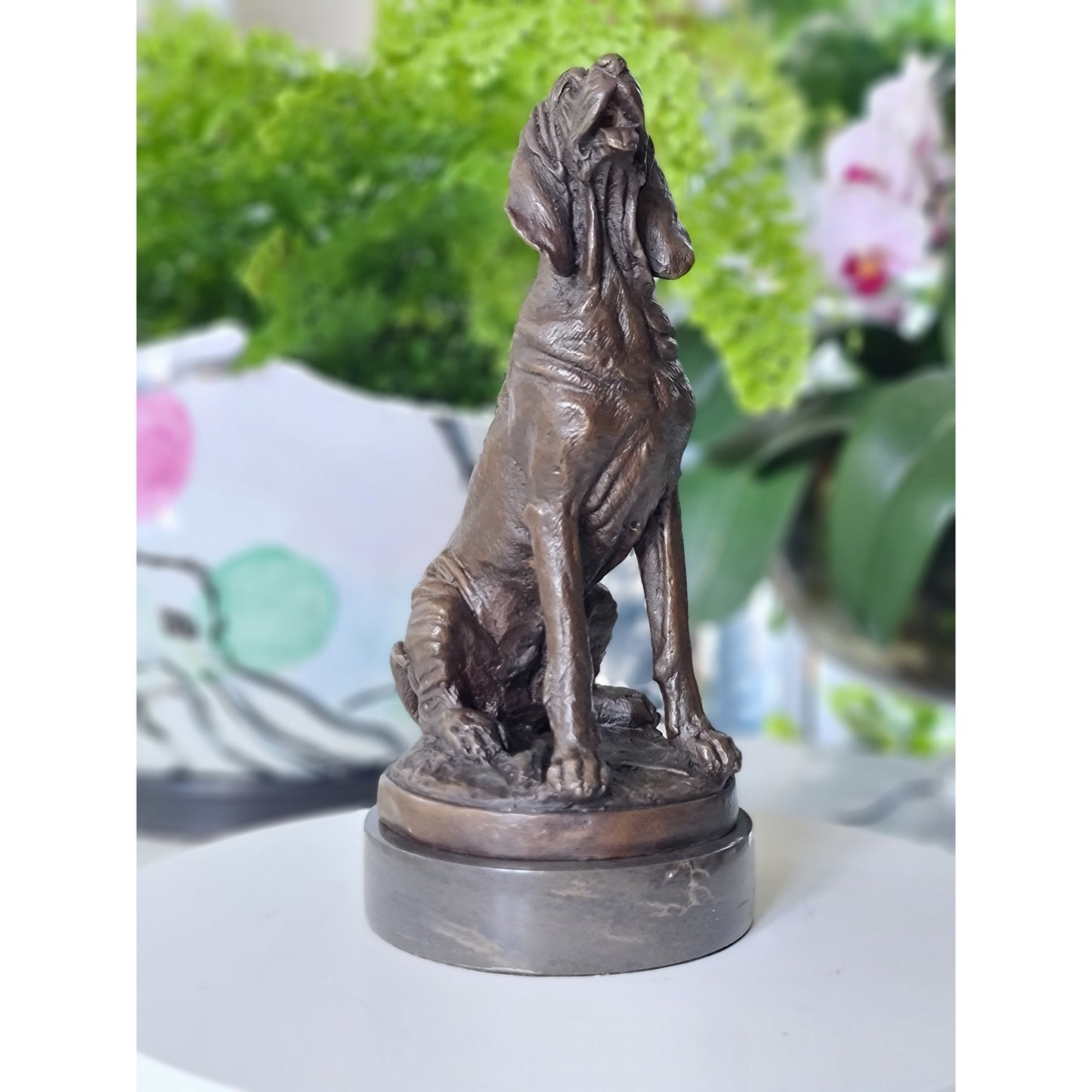 Bronze Sculpture of Dog, Hunting Dog on Marble Top