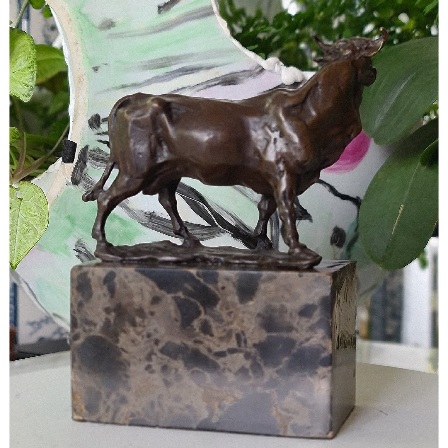 Cow Bronze Sculpture Handcrafted Deco Art On Marble