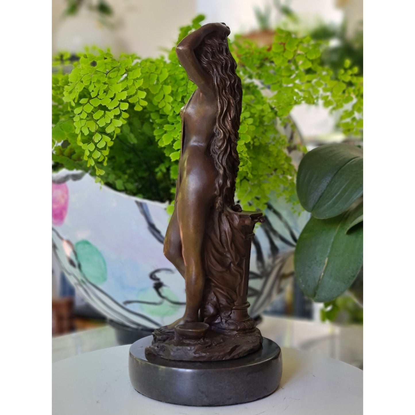 Bronze Sculpture of long hair Woman Girl Lady Fair Maiden on Marble base