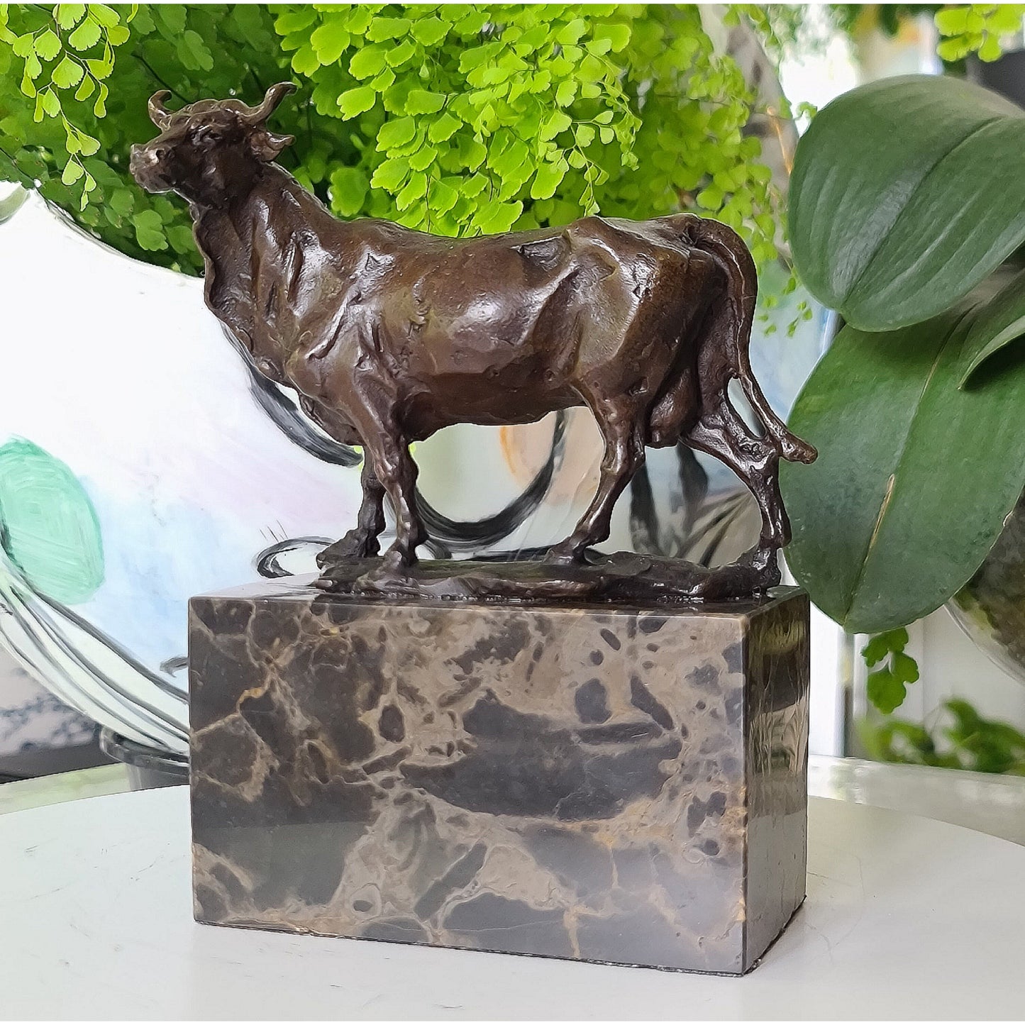 Cow Bronze Sculpture Handcrafted Deco Art On Marble