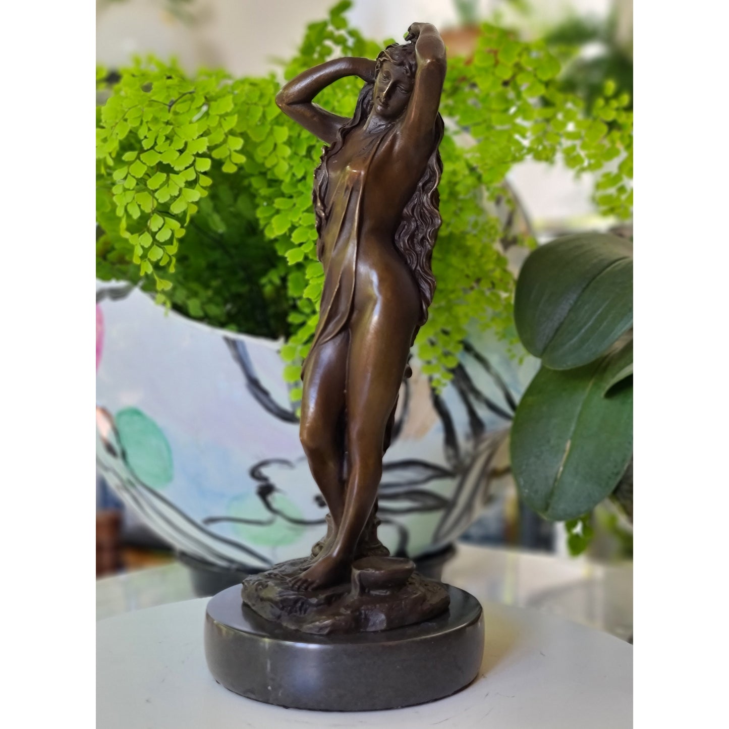 Bronze Sculpture of long hair Woman Girl Lady Fair Maiden on Marble base
