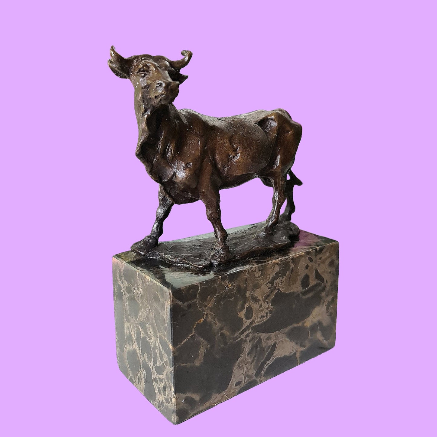 Cow Bronze Sculpture Handcrafted Deco Art On Marble