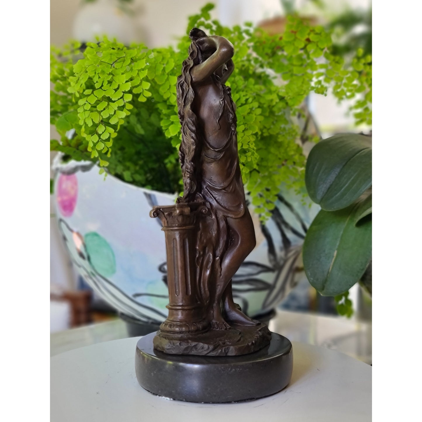 Bronze Sculpture of long hair Woman Girl Lady Fair Maiden on Marble base