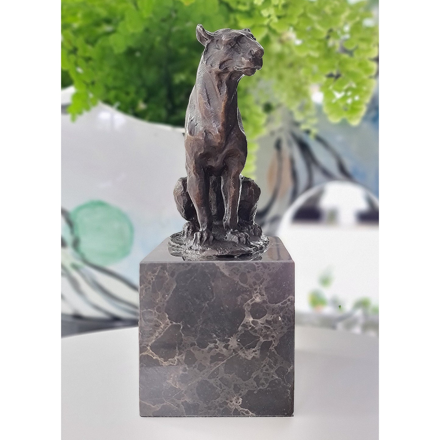 African Lion,Leopard, Cougar Bronze Sculpture On Marble Base