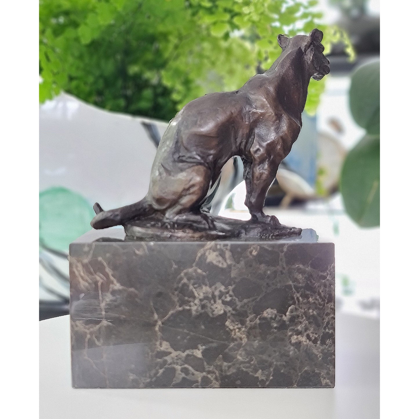 African Lion,Leopard, Cougar Bronze Sculpture On Marble Base