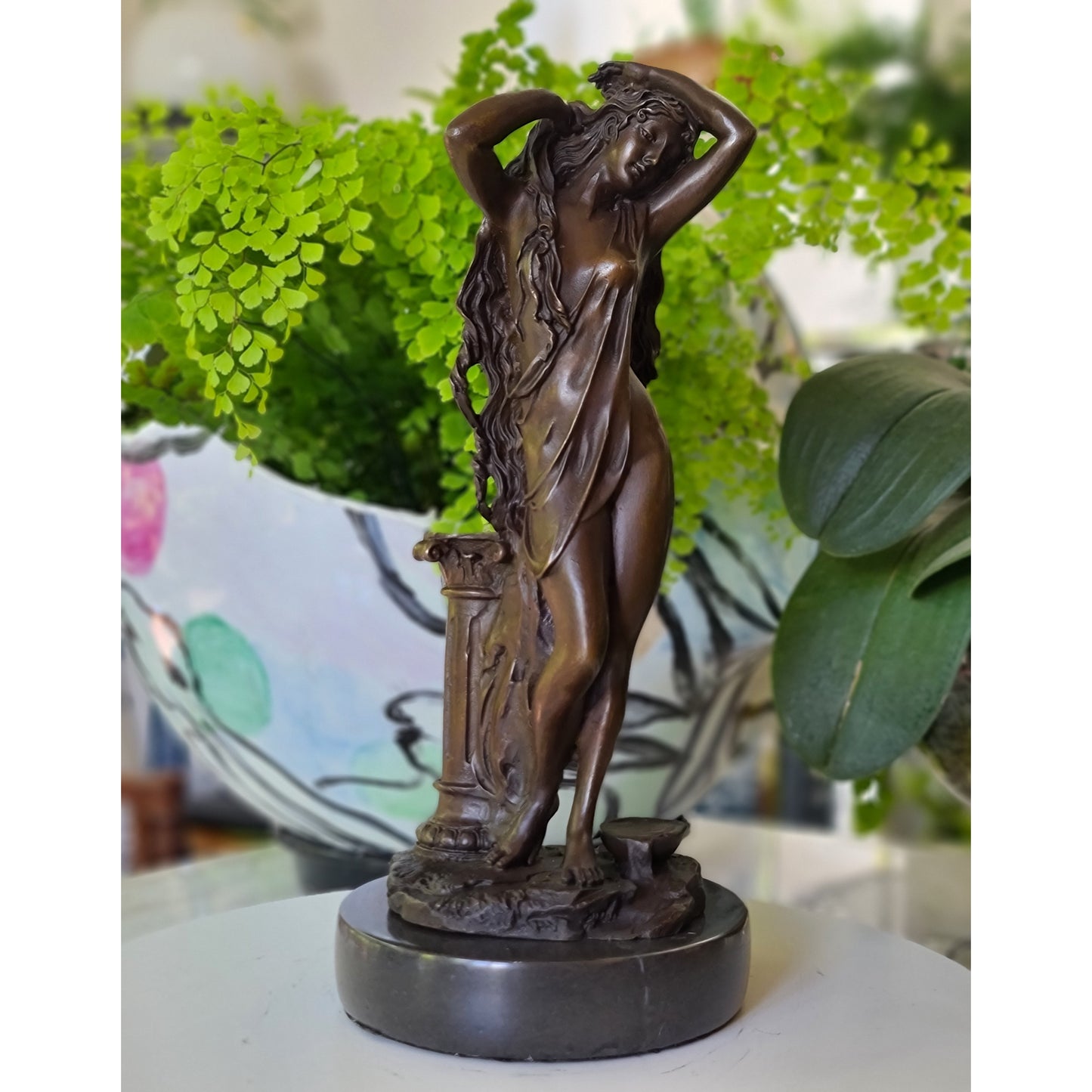 Bronze Sculpture of long hair Woman Girl Lady Fair Maiden on Marble base