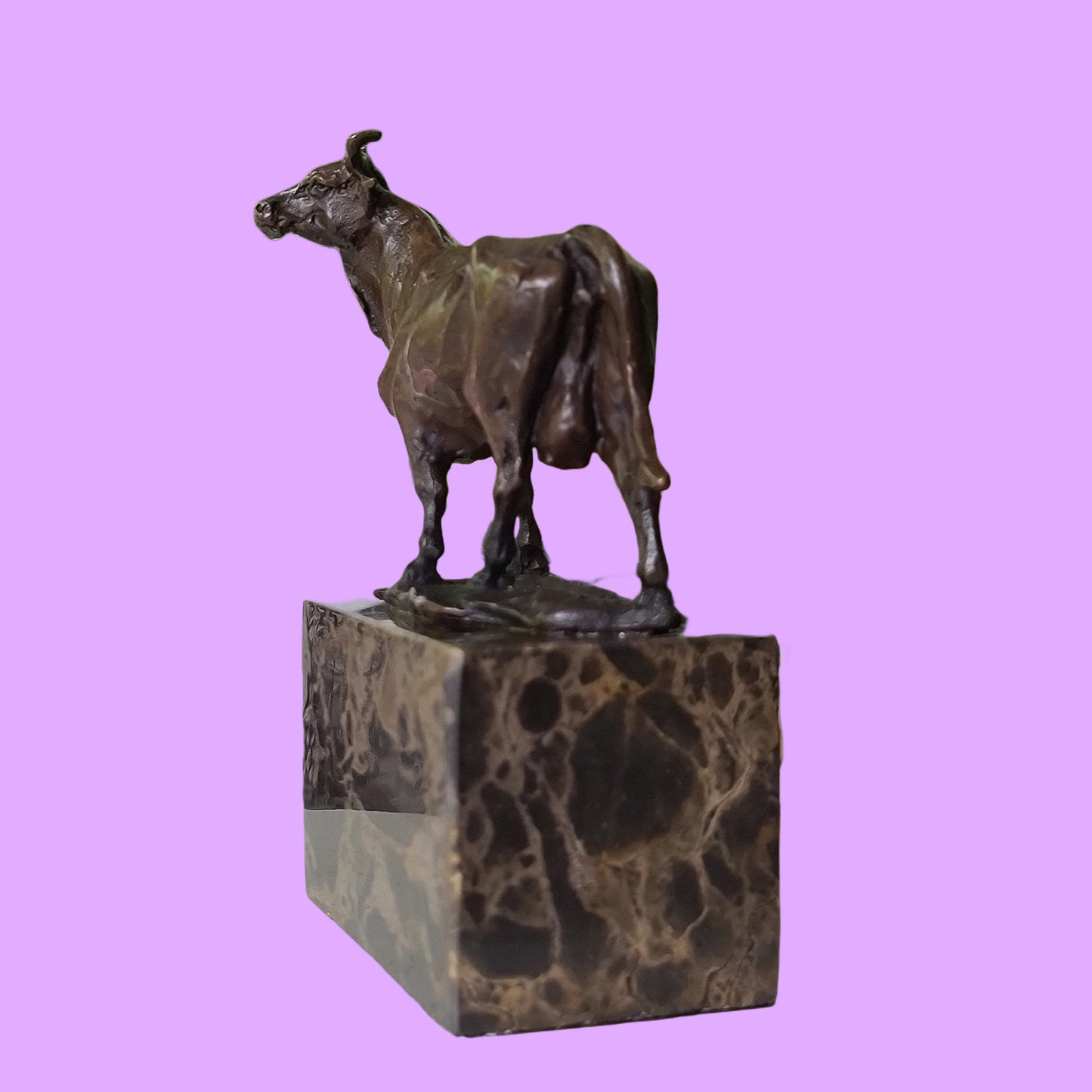 Cow Bronze Sculpture Handcrafted Deco Art On Marble