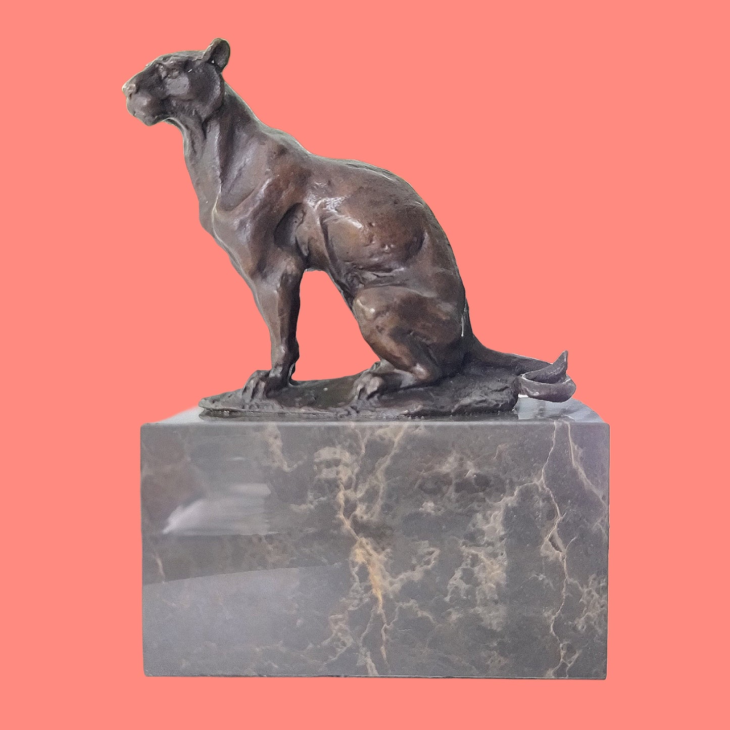 African Lion,Leopard, Cougar Bronze Sculpture On Marble Base