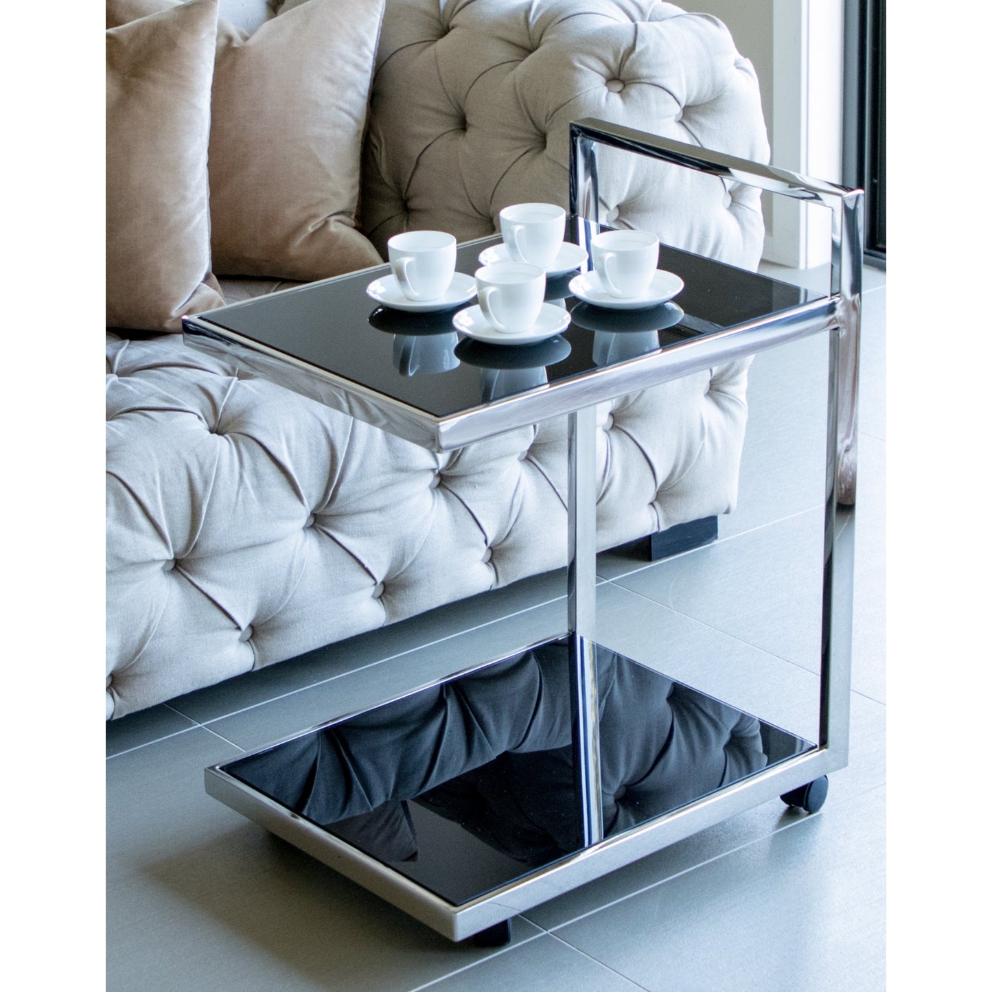 Jamie Stainless Steel Side Table/Trolley with Black Tempered Glass
