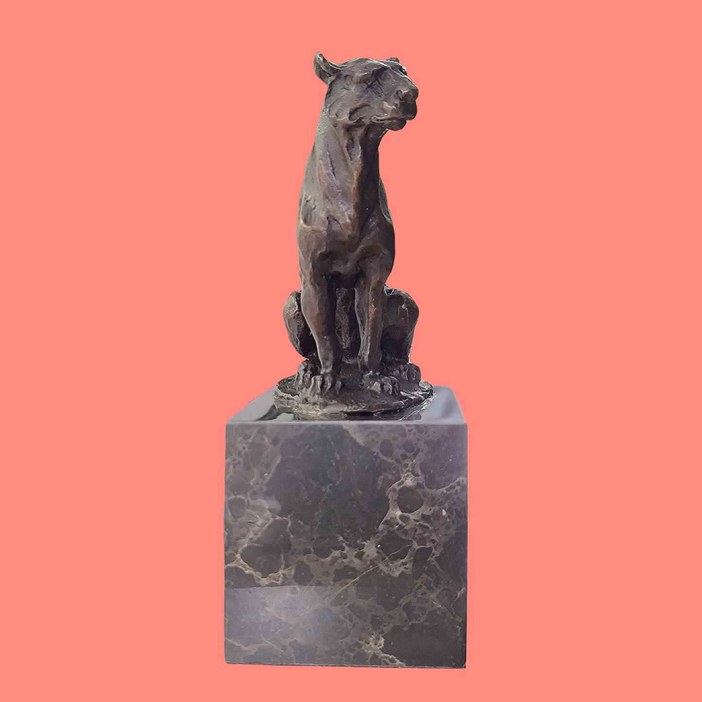 African Lion,Leopard, Cougar Bronze Sculpture On Marble Base