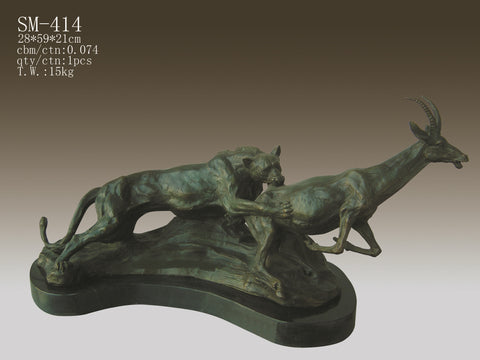 Wild Cat and Ibex Bronze and Marble Sculpture