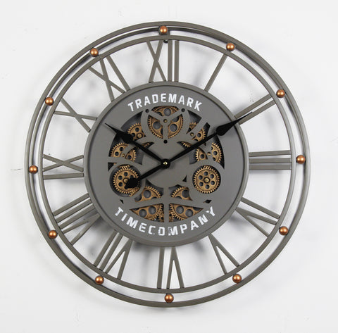 TRADEMARK 60.5  Cm Grey & Gold Roman Numeral Moving Gear Wall Clock