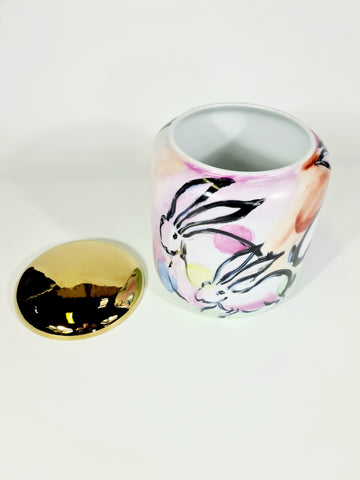 Large Golden Lid Container: Handpainted Rabbits (70% OFF)
