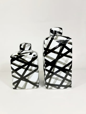 Medium Handpainted-Black And White Container, Graphic Black Strips (70% OFF)