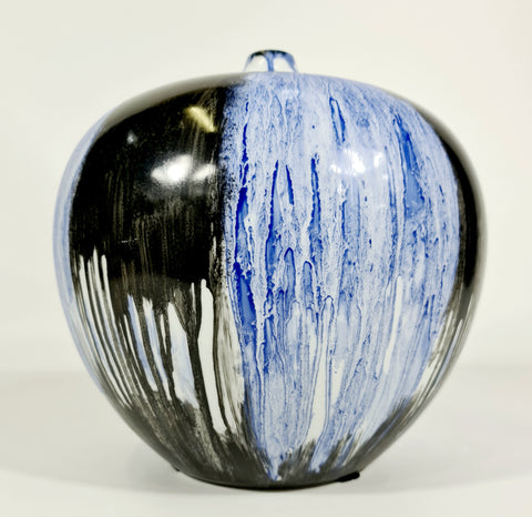 Round Vintage Vase: Black And Blue Drip Painting (70% OFF)