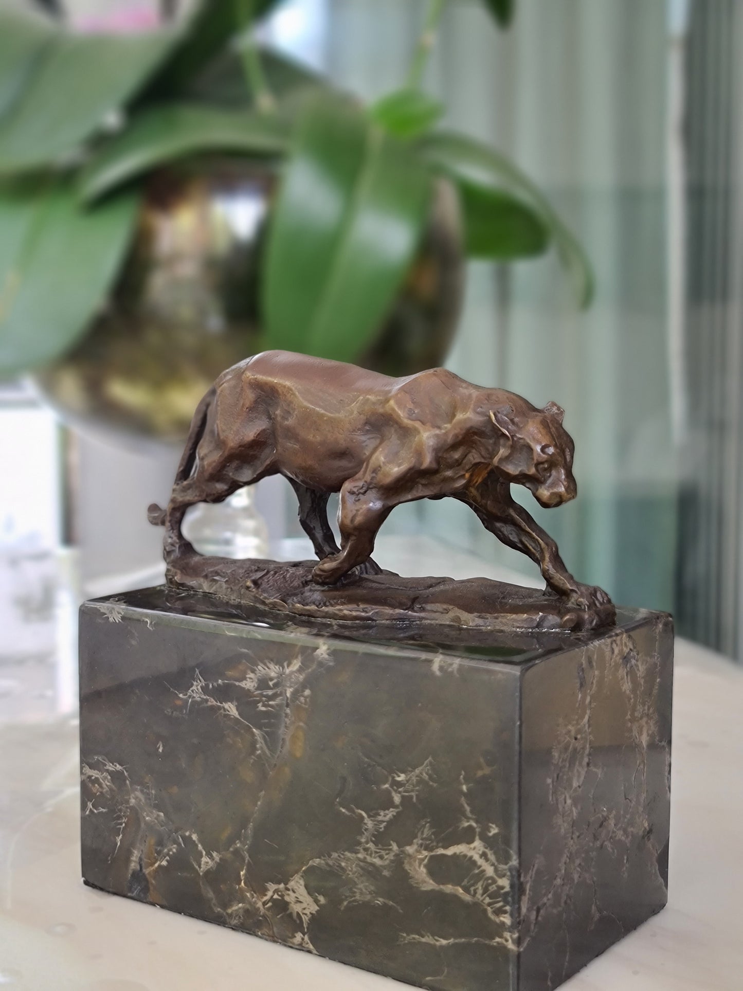 Leopard Cougar Bronze Sculpture On Marble Base