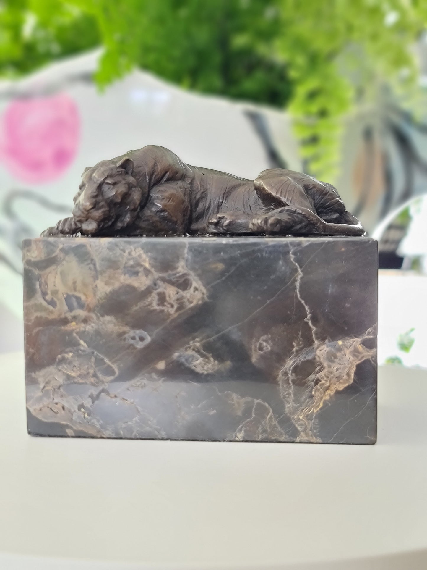 laying Tiger Bronze Sculpture on Marble Base