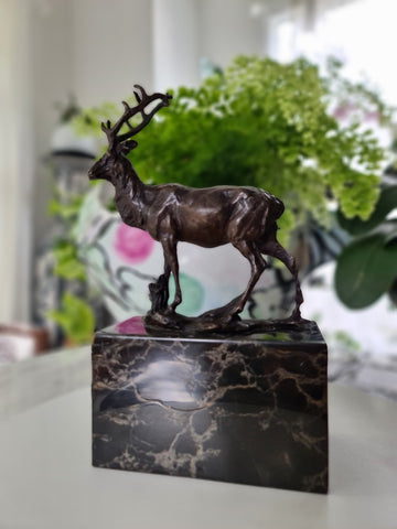 Art Deco Elk Deer Sculpture on Marble Base, Art,  Gift, Bookend