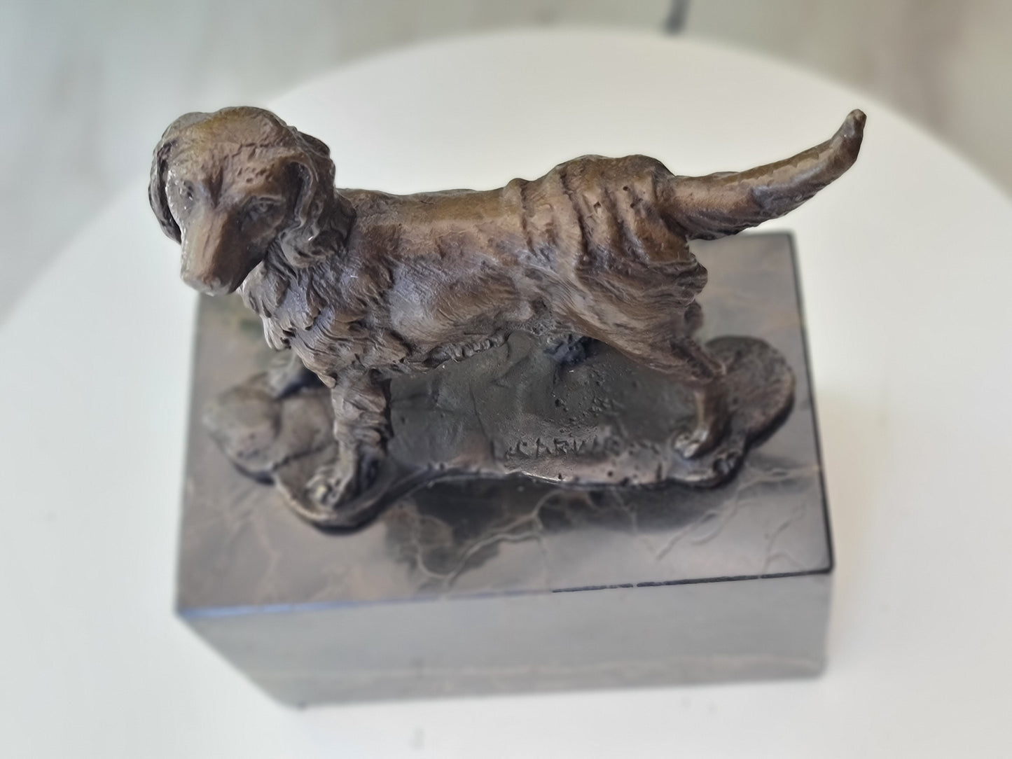 Spaniel Dog Solid Bronze Sculpture on Marble Base