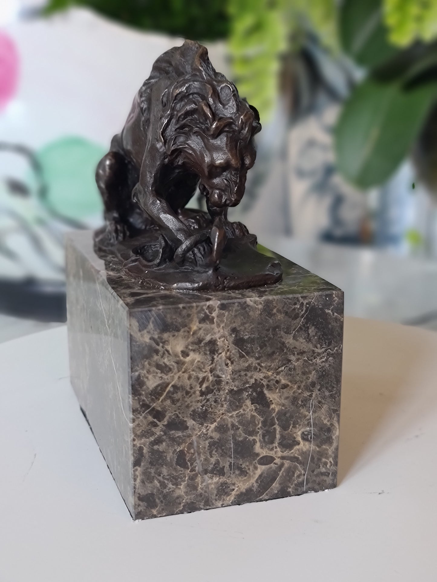 Snake & Lion Bronze Sculpture on marble base
