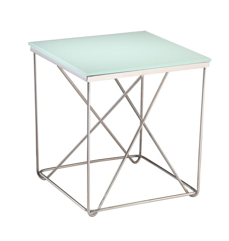 Avesta Mirror Polished Stainless Steel Side Table with White Glass Top