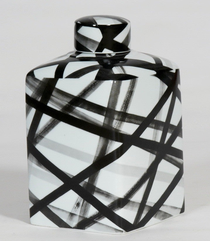 Medium Hand-painted Black and White Container, Graphic Black Strips