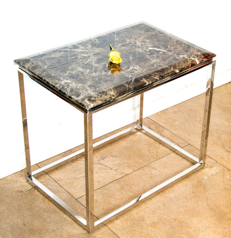 Zivan Mirror Polished Stainless Steel Side Table with Brown Marble Top