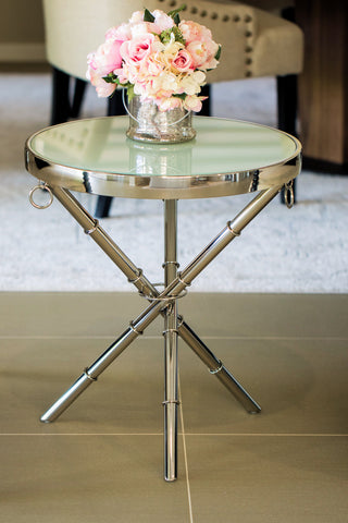 Alaz Mirror Polished Stainless Steel Side Table with White Glass Top