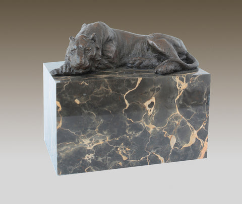 laying Tiger Bronze Sculpture on Marble Base