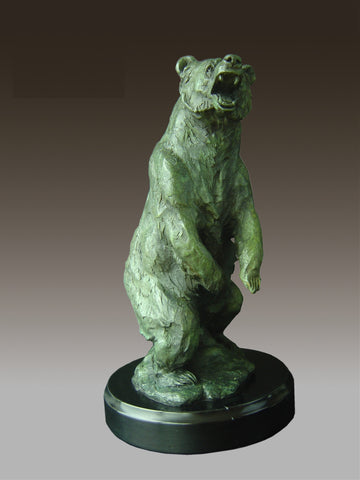 Bronze Sculpture Of Grizzly / Brown Bear On Solid Marble Base