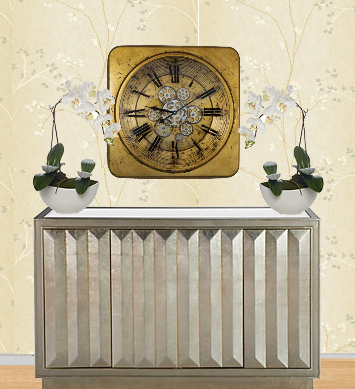 Large Golden 54 Cm Square Gear Wall Clock