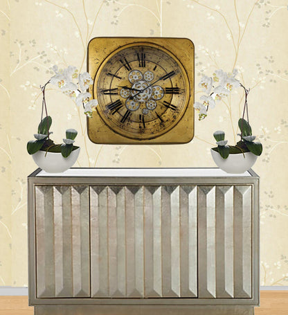 Large Golden 54 Cm Square Gear Wall Clock