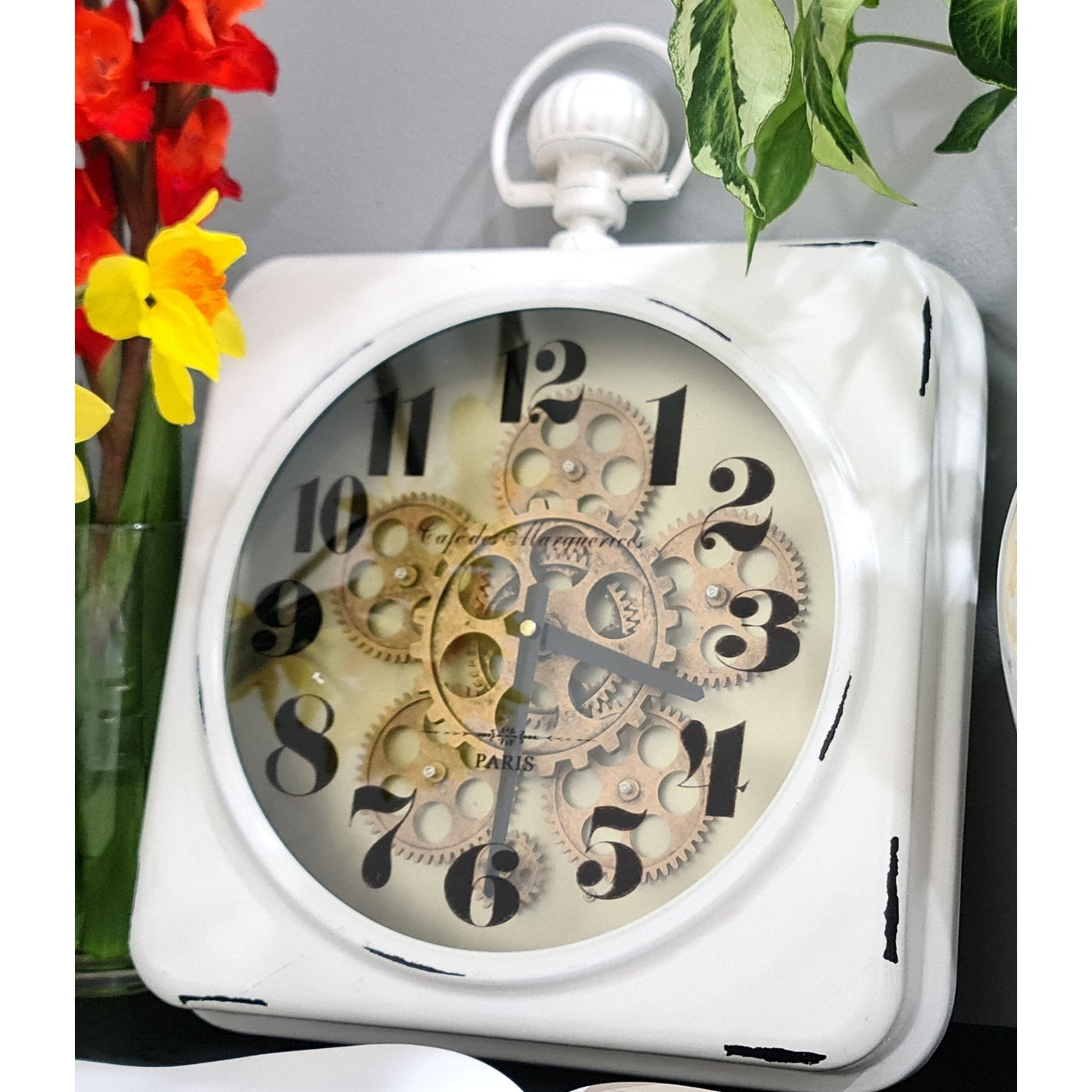 Antique 46 Cm Cafe De Marguerites Square Gear Wall Clock