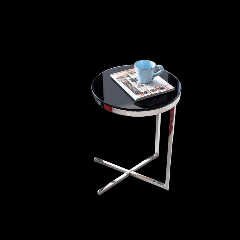 Zara Mirror Polished Stainless Steel Side Table with Black Tempered Glass