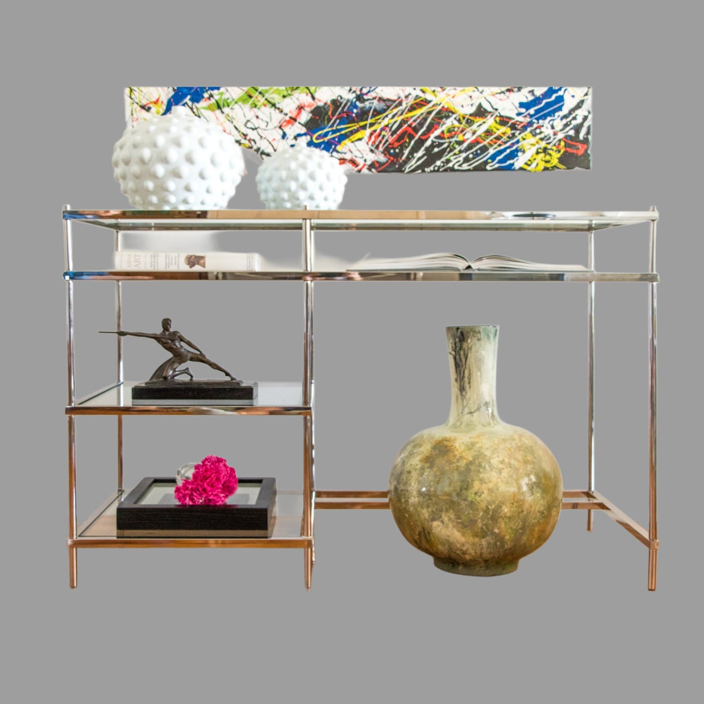 Zilan Polished Stainless Steel Console/ Study Desk with Multilevel Tempered Glass