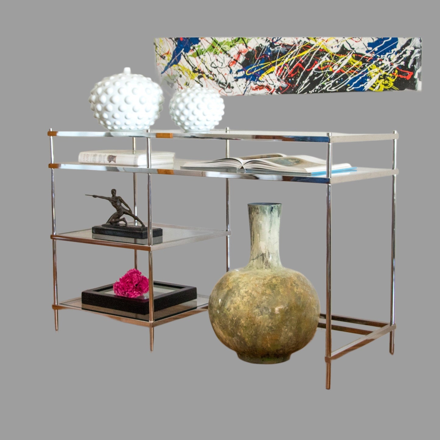 Zilan Polished Stainless Steel Console/ Study Desk with Multilevel Tempered Glass