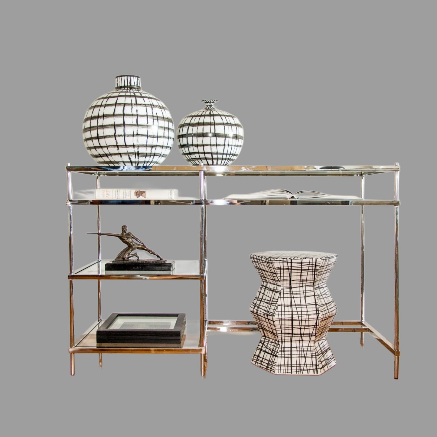 Zilan Polished Stainless Steel Console/ Study Desk with Multilevel Tempered Glass