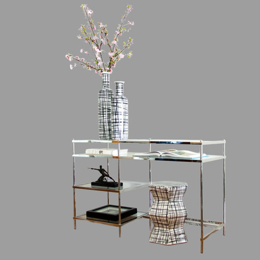 Zilan Polished Stainless Steel Console/ Study Desk with Multilevel Tempered Glass