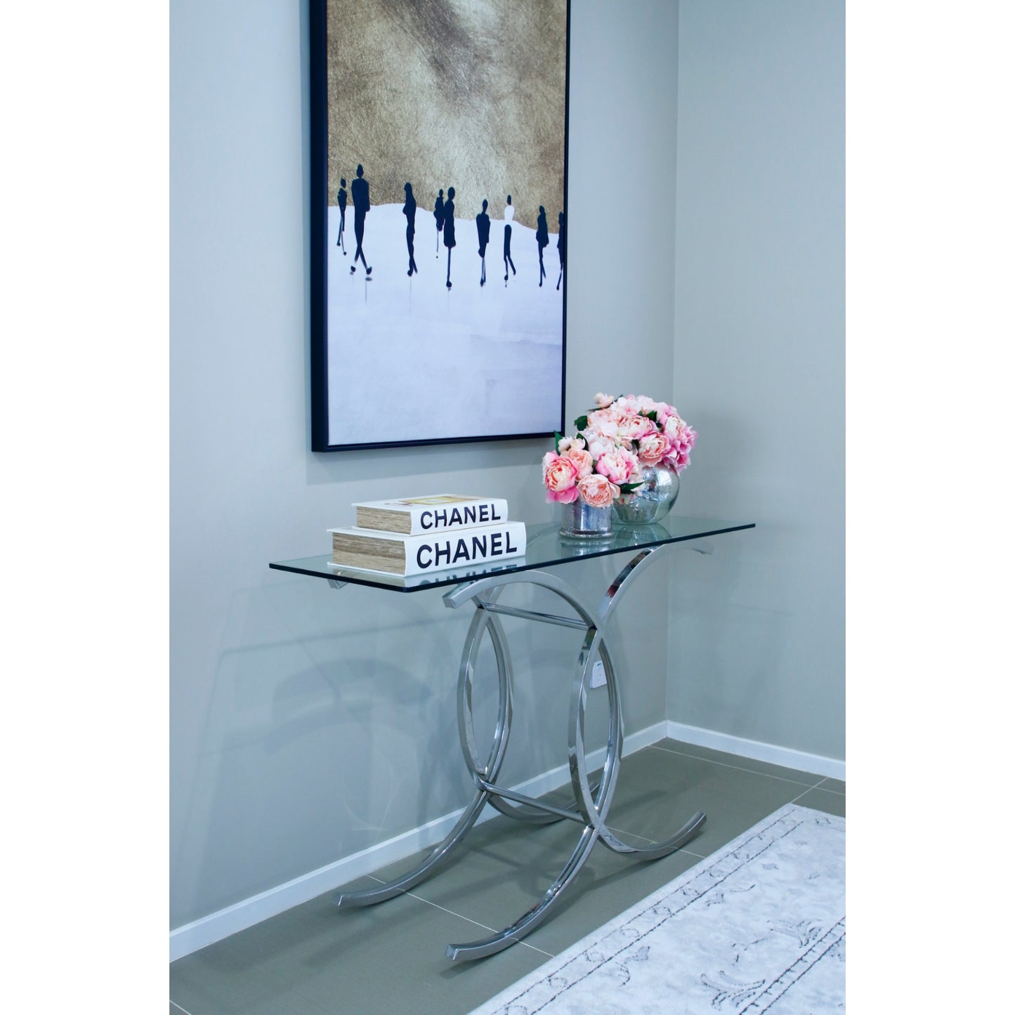 Corry Mirror Polished Stainless Steel Console with Clear Glass Top