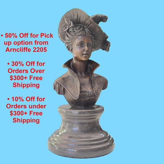 Victorian Portrait Lady Woman Hat Bust Bronze Marble Statue Sculpture