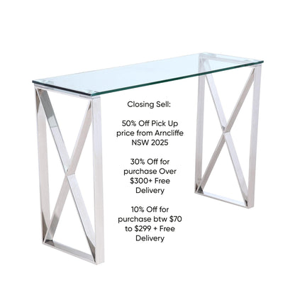 Tara Polished Stainless Steel Console with Clear Glass Top