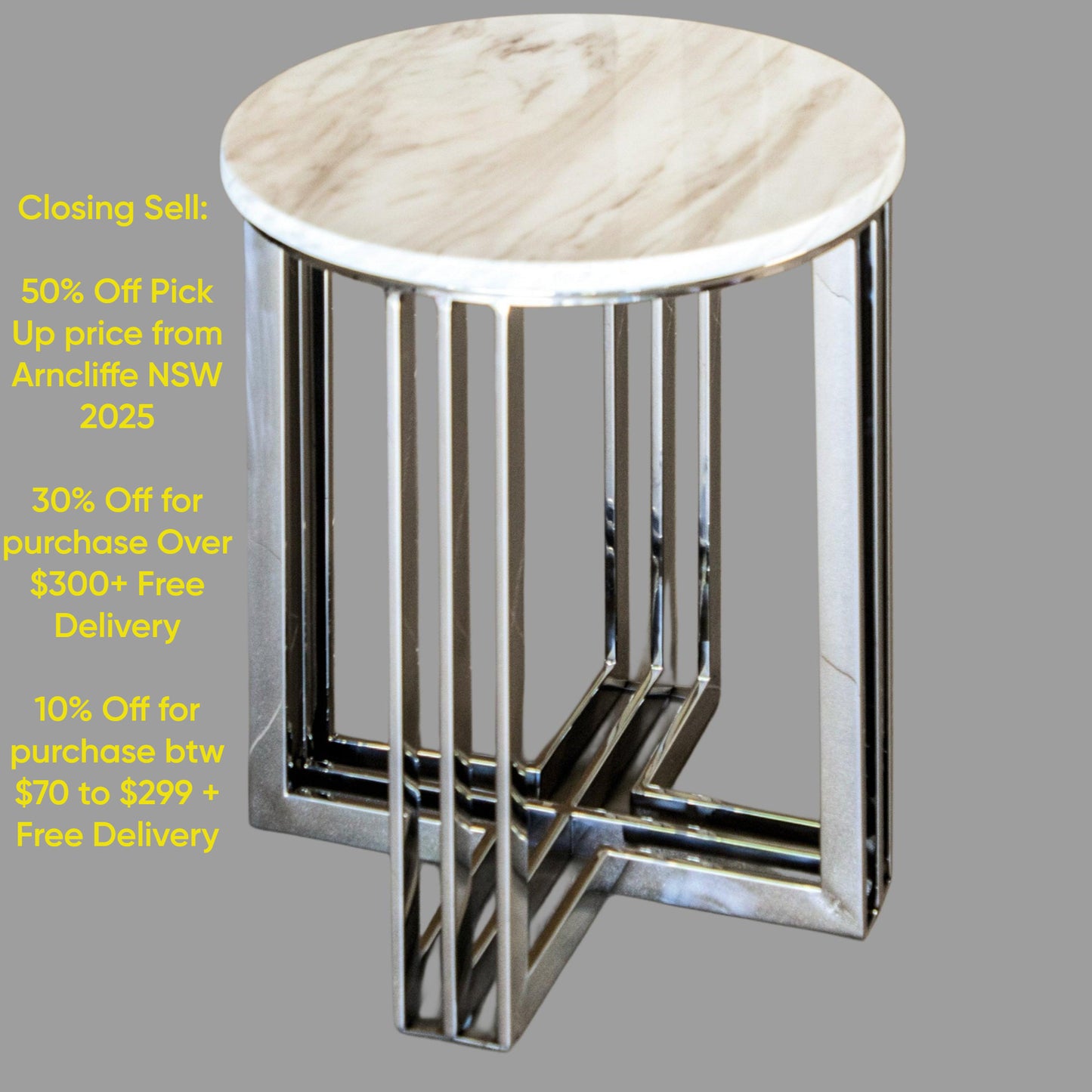Royal Mirror Polished Stainless Steel Side Table with White Marble Top