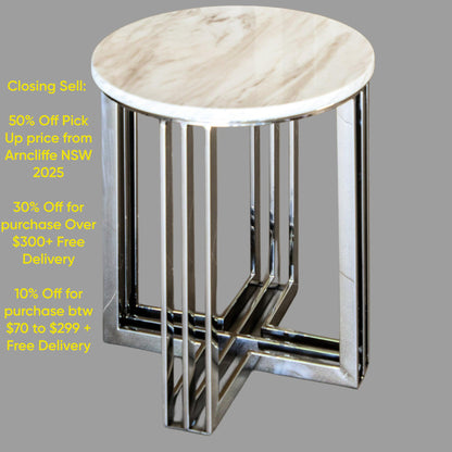 Royal Mirror Polished Stainless Steel Side Table with White Marble Top